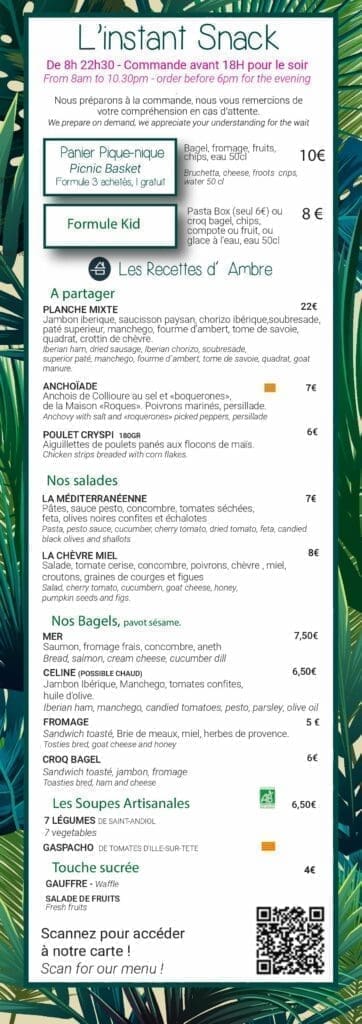 Carte snacking de l'hôtel les mouettes à Argeles-sur-mer